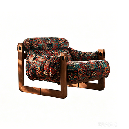 Vintage Ash Wood Jacquard Lounge Chair - Plush Down & Fiber-Filled Accent Armchair For Living Room