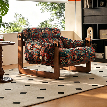Vintage Ash Wood Jacquard Lounge Chair - Plush Down & Fiber-Filled Accent Armchair For Living Room