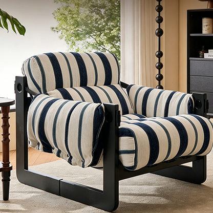 Vintage Ash Wood Striped Lounge Chair - Plush Linen Chenille Linen Accent Armchair For Living Room