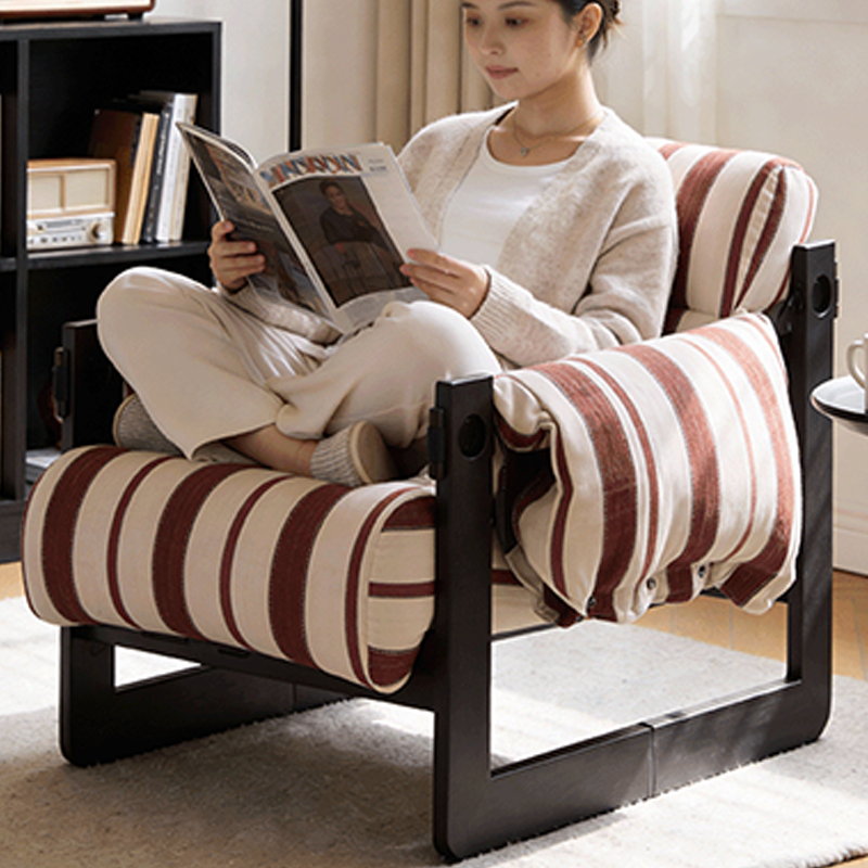 Vintage Ash Wood Striped Lounge Chair - Plush Linen Chenille Linen Accent Armchair For Living Room