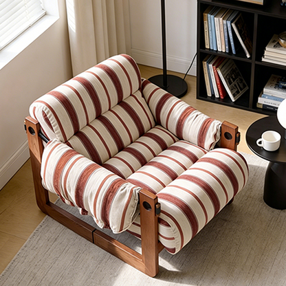 Vintage Ash Wood Striped Lounge Chair - Plush Linen Chenille Linen Accent Armchair For Living Room