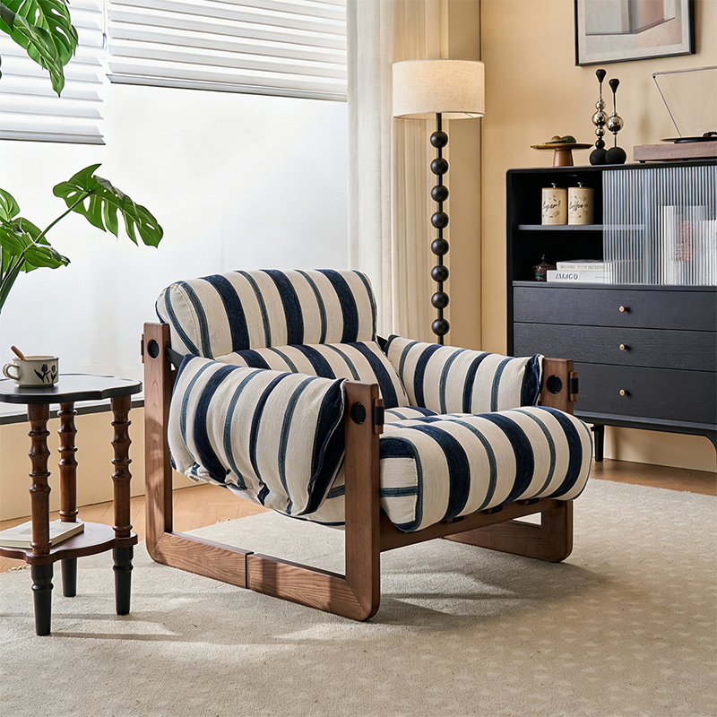 Vintage Ash Wood Striped Lounge Chair - Plush Linen Chenille Linen Accent Armchair For Living Room