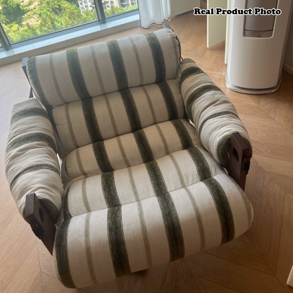Vintage Ash Wood Striped Lounge Chair - Plush Linen Chenille Linen Accent Armchair For Living Room