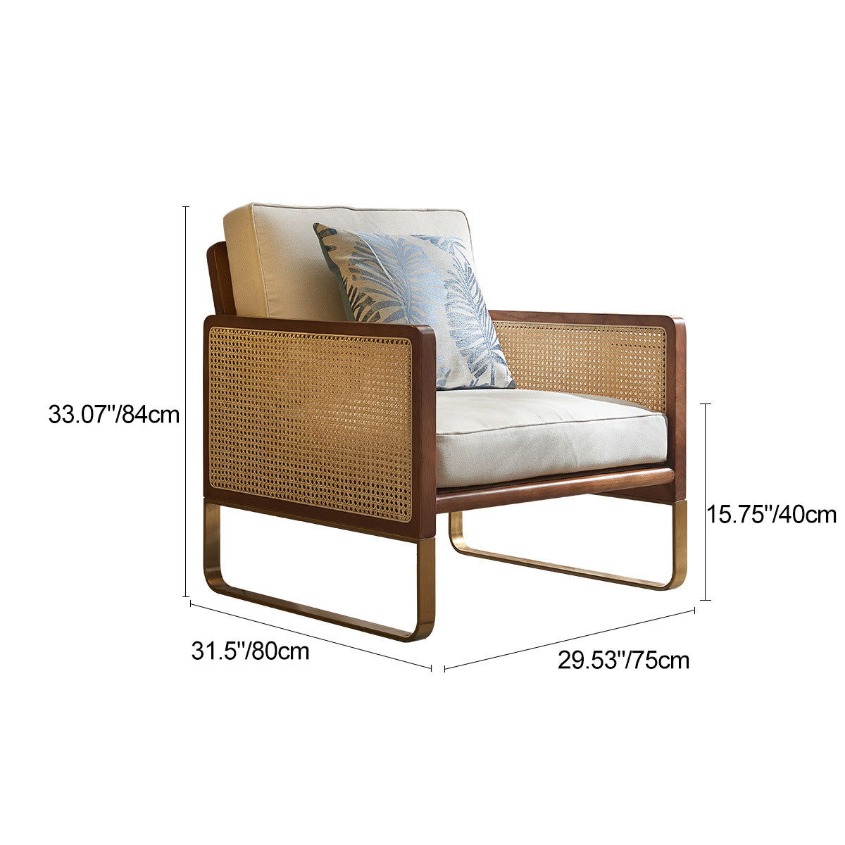 Traditional Japanese Square White Ash Wood Indonesian Rattan Linen-Cotton Blend Fabric Stainless Steel Backrest Armrest Accent Chair For Living Room