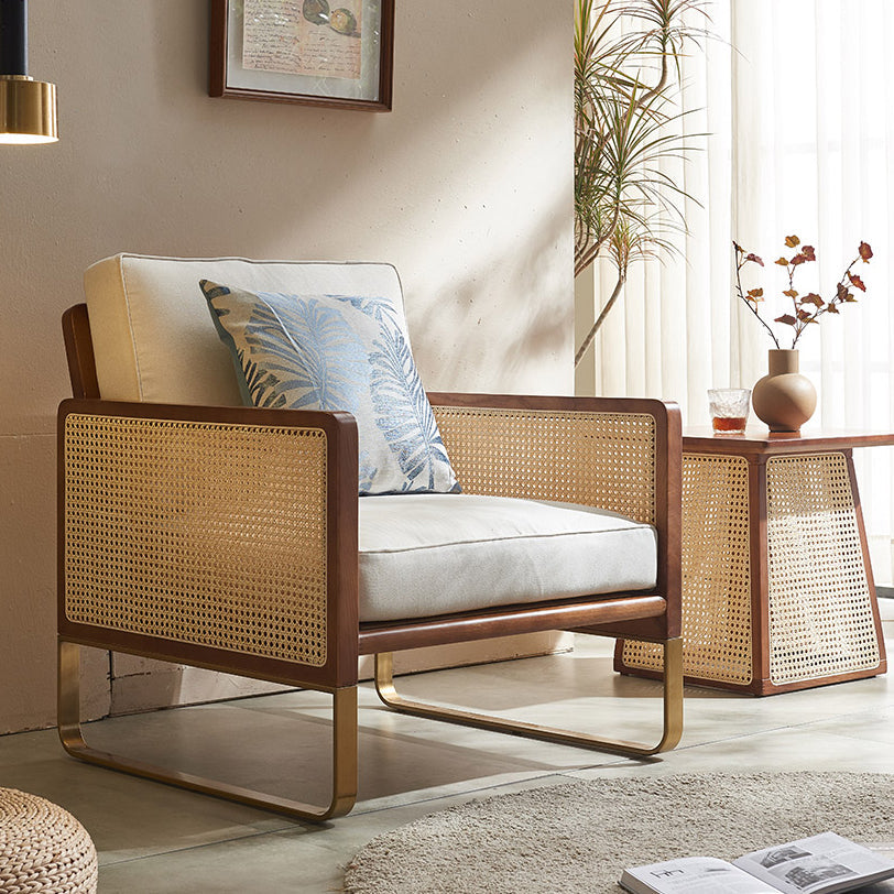 Traditional Japanese Square White Ash Wood Indonesian Rattan Linen-Cotton Blend Fabric Stainless Steel Backrest Armrest Accent Chair For Living Room