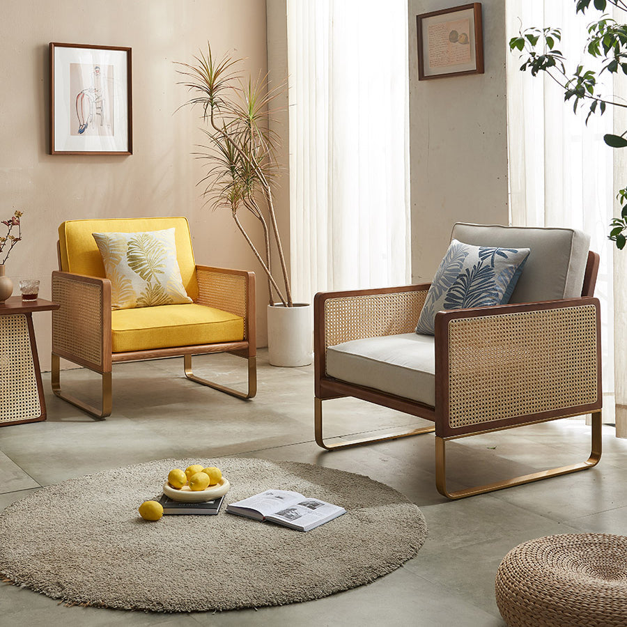 Traditional Japanese Square White Ash Wood Indonesian Rattan Linen-Cotton Blend Fabric Stainless Steel Backrest Armrest Accent Chair For Living Room