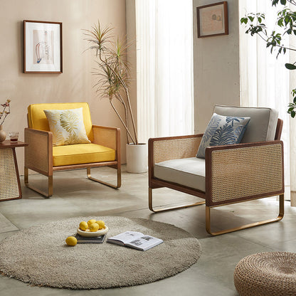 Traditional Japanese Square White Ash Wood Indonesian Rattan Linen-Cotton Blend Fabric Stainless Steel Backrest Armrest Accent Chair For Living Room