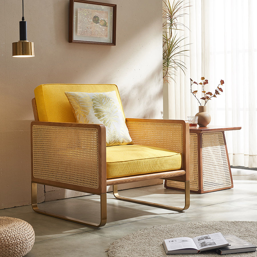Traditional Japanese Square White Ash Wood Indonesian Rattan Linen-Cotton Blend Fabric Stainless Steel Backrest Armrest Accent Chair For Living Room