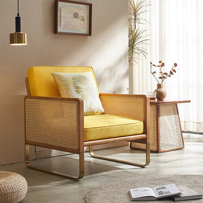Traditional Japanese Square White Ash Wood Indonesian Rattan Linen-Cotton Blend Fabric Stainless Steel Backrest Armrest Accent Chair For Living Room