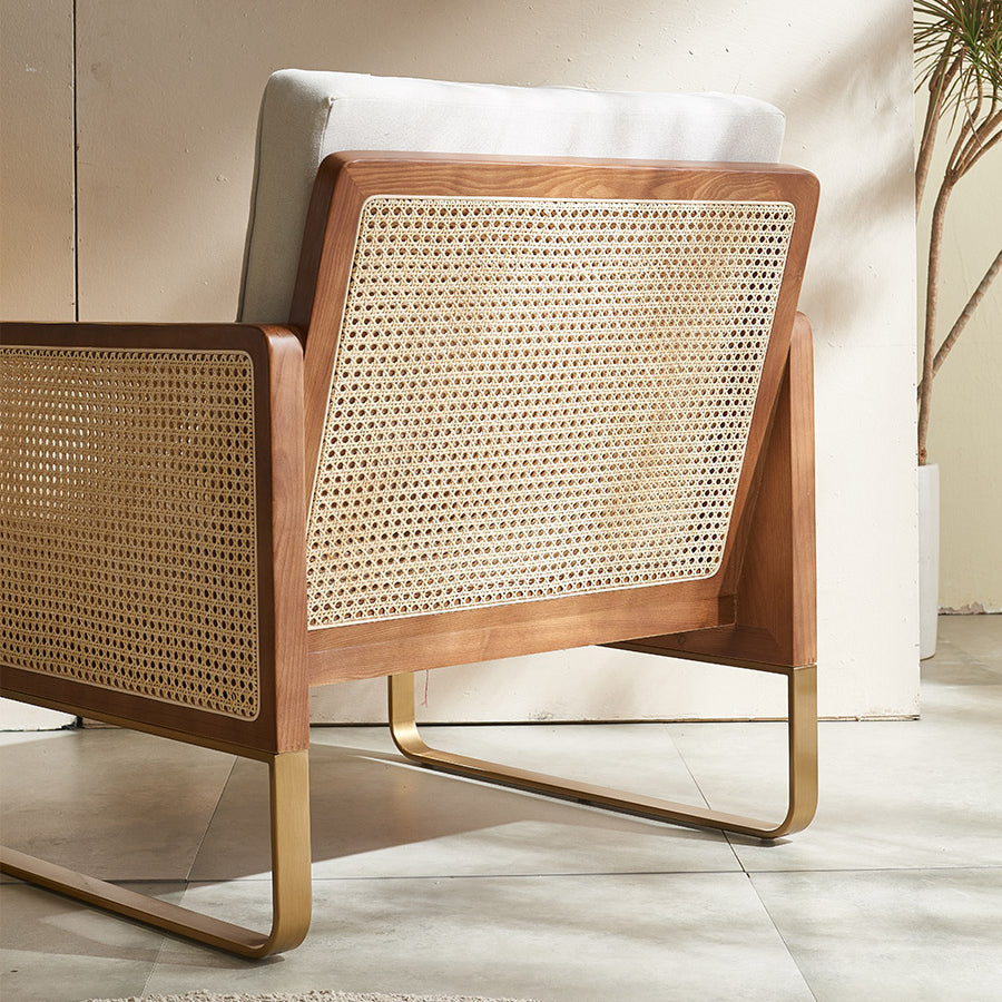 Traditional Japanese Square White Ash Wood Indonesian Rattan Linen-Cotton Blend Fabric Stainless Steel Backrest Armrest Accent Chair For Living Room