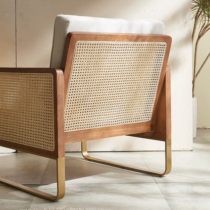 Traditional Japanese Square White Ash Wood Indonesian Rattan Linen-Cotton Blend Fabric Stainless Steel Backrest Armrest Accent Chair For Living Room