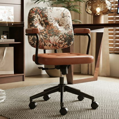 Traditional Vintage Square Top-Grain Semi-Aniline Leather Fabric Steel Height-Adjustable Swivel Desk Chair For Home Office