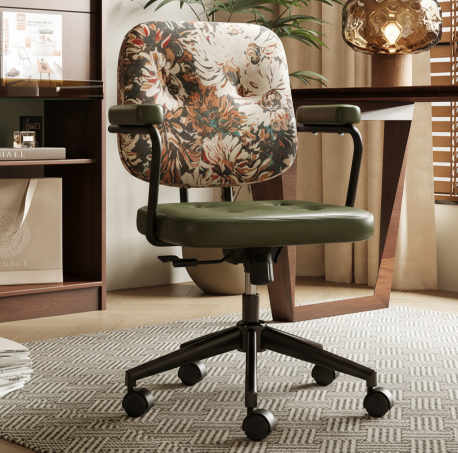 Traditional Vintage Square Top-Grain Semi-Aniline Leather Fabric Steel Height-Adjustable Swivel Desk Chair For Home Office