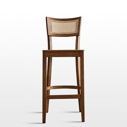 Contemporary Scandinavian Square Ash Wood Plywood Indonesian Rattan Backrest Bar Stool For Kitchen