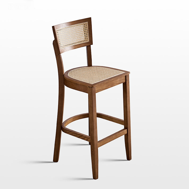 Contemporary Scandinavian Square Ash Wood Plywood Indonesian Rattan Backrest Bar Stool For Kitchen