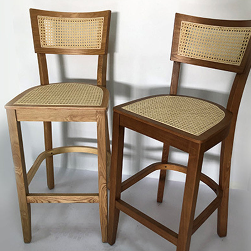 Contemporary Scandinavian Square Ash Wood Plywood Indonesian Rattan Backrest Bar Stool For Kitchen