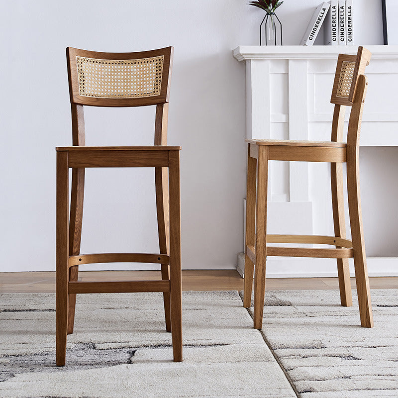 Contemporary Scandinavian Square Ash Wood Plywood Indonesian Rattan Backrest Bar Stool For Kitchen
