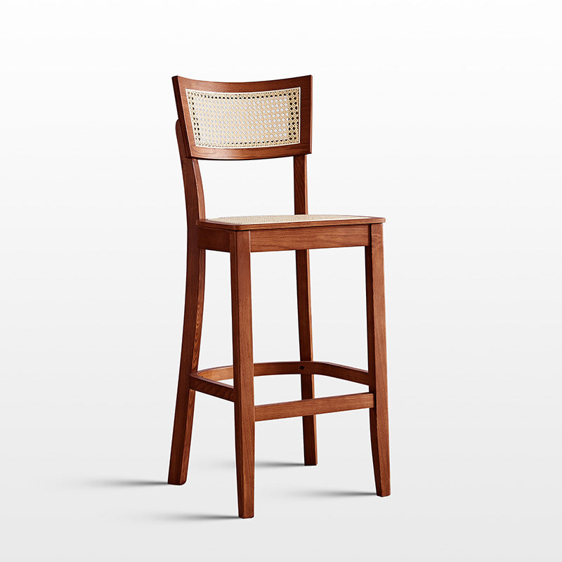 Contemporary Scandinavian Square Ash Wood Plywood Indonesian Rattan Backrest Bar Stool For Kitchen