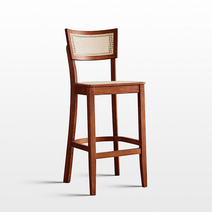 Contemporary Scandinavian Square Ash Wood Plywood Indonesian Rattan Backrest Bar Stool For Kitchen