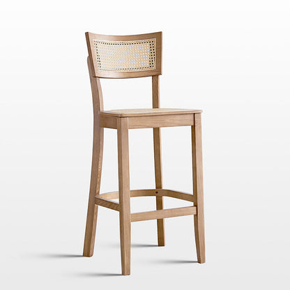 Contemporary Scandinavian Square Ash Wood Plywood Indonesian Rattan Backrest Bar Stool For Kitchen
