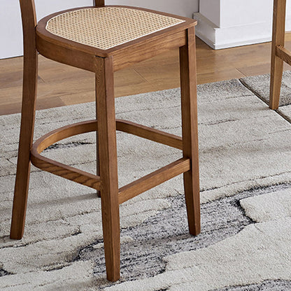 Contemporary Scandinavian Square Ash Wood Plywood Indonesian Rattan Backrest Bar Stool For Kitchen