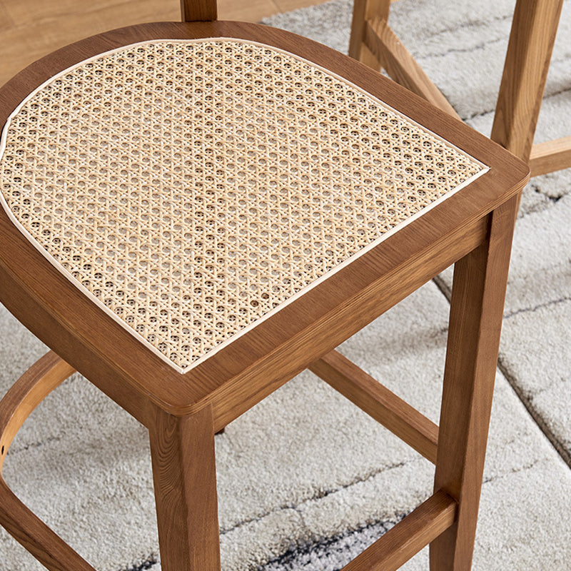 Contemporary Scandinavian Square Ash Wood Plywood Indonesian Rattan Backrest Bar Stool For Kitchen