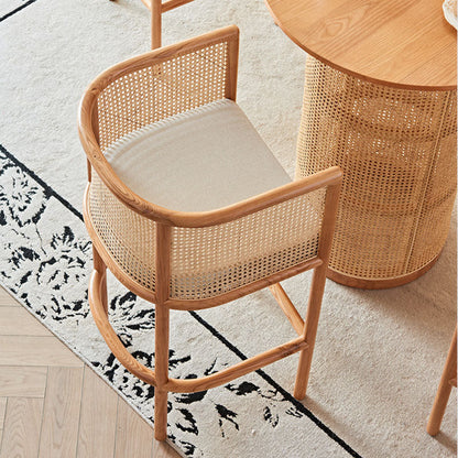 Traditional Chinese Square Ash Wood Indonesian Rattan Fabric Backrest Bar Chair For Kitchen
