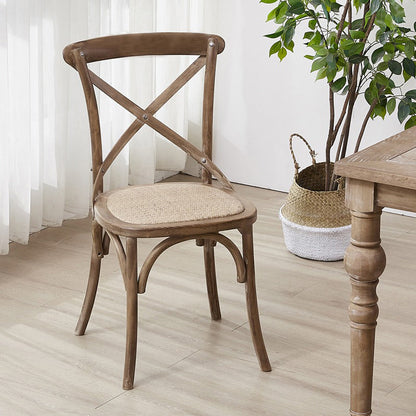 Traditional Farmhouse Square Birch Wood Solid Wood Multi-Layer Solid Wood Panel Indonesian Rattan Backrest Dining Chair For Dining Room