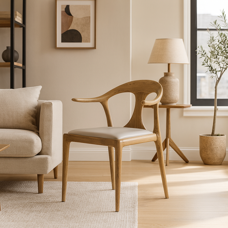 North American White Ash - Contemporary Scandinavian Solid Wood Chair: Contoured One-Piece Backrest & Armrest Dining Chair For Dining Room
