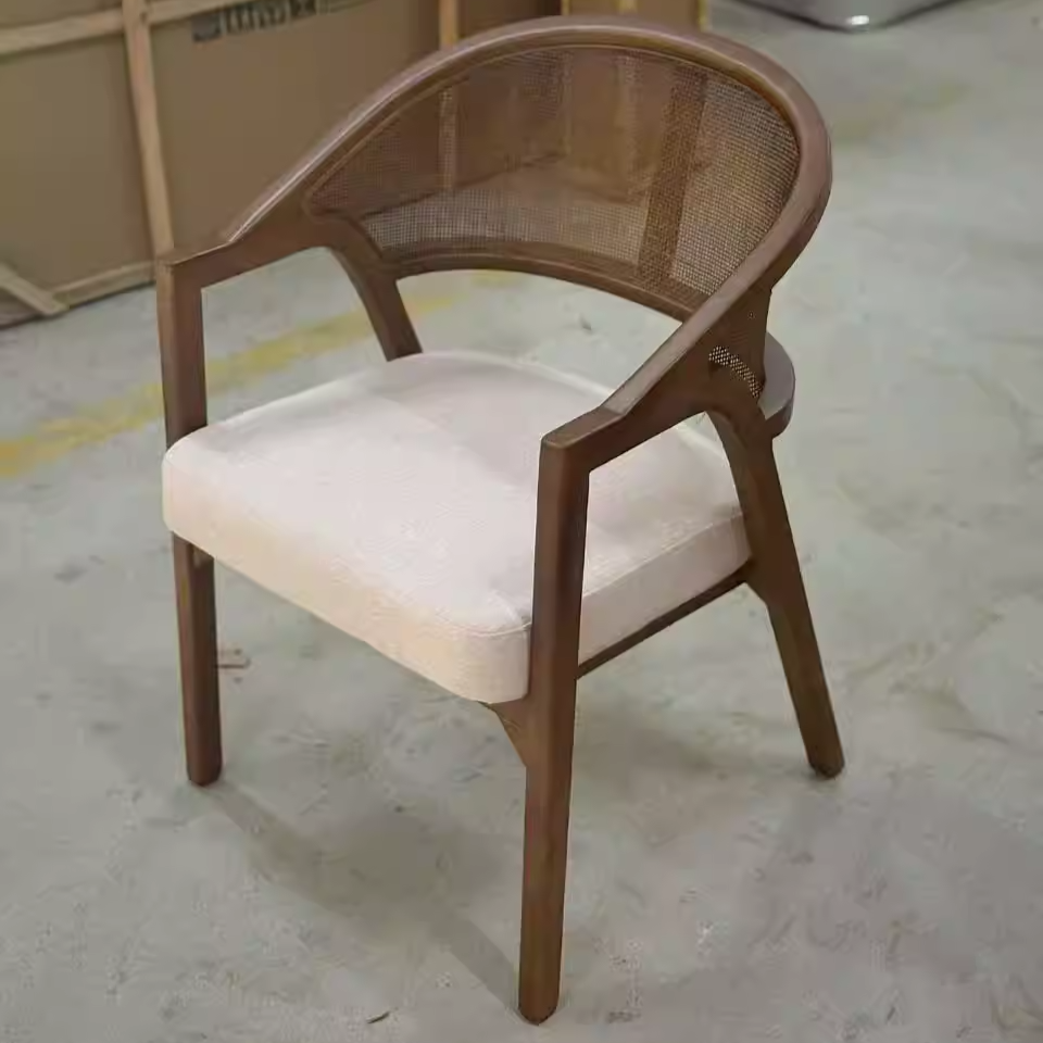 Traditional Japanese Square Ash Wood Solid Wood Rattan Cotton Linen Backrest Armrest Dining Chair For Dining Room