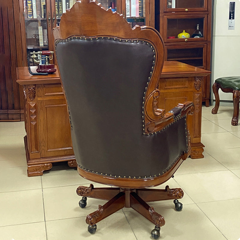 Traditional Vintage Rectangular Top-Grain Semi-Aniline Leather Multi-Layer Solid Wood Panel Stainless Steel Backrest Armrest Boss Chair Desk Chair For Home Office