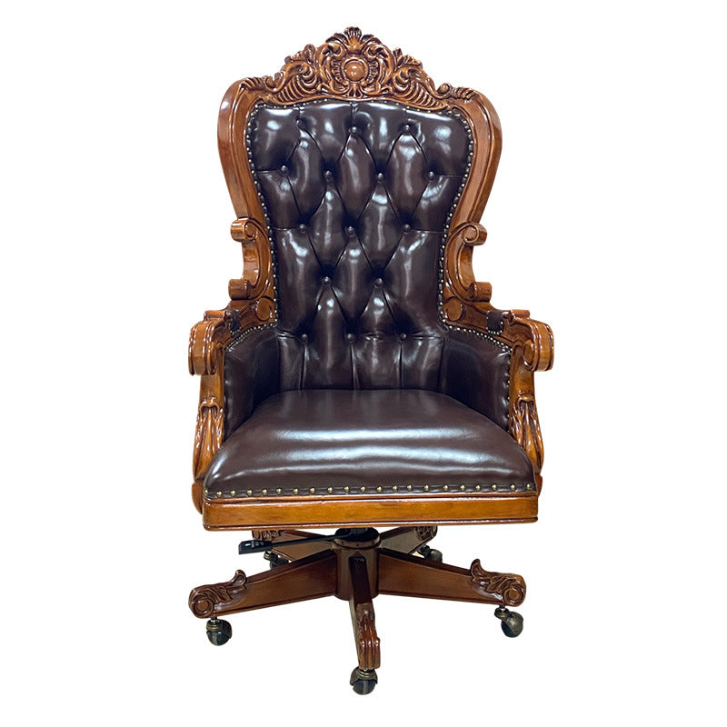 Traditional Vintage Rectangular Top-Grain Semi-Aniline Leather Multi-Layer Solid Wood Panel Stainless Steel Backrest Armrest Boss Chair Desk Chair For Home Office