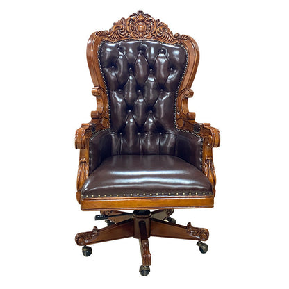 Traditional Vintage Rectangular Top-Grain Semi-Aniline Leather Multi-Layer Solid Wood Panel Stainless Steel Backrest Armrest Boss Chair Desk Chair For Home Office