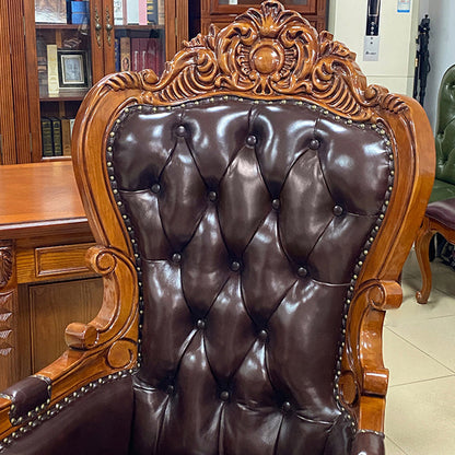 Traditional Vintage Rectangular Top-Grain Semi-Aniline Leather Multi-Layer Solid Wood Panel Stainless Steel Backrest Armrest Boss Chair Desk Chair For Home Office