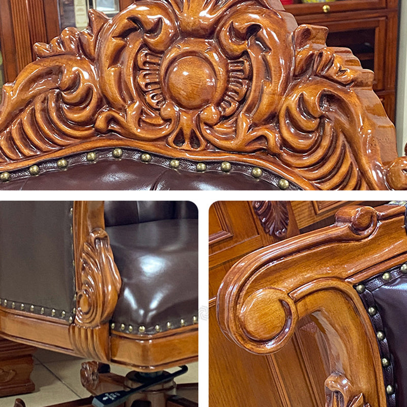 Traditional Vintage Rectangular Top-Grain Semi-Aniline Leather Multi-Layer Solid Wood Panel Stainless Steel Backrest Armrest Boss Chair Desk Chair For Home Office