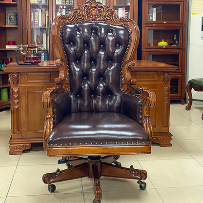 Traditional Vintage Rectangular Top-Grain Semi-Aniline Leather Multi-Layer Solid Wood Panel Stainless Steel Backrest Armrest Boss Chair Desk Chair For Home Office