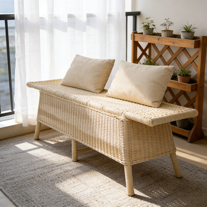 Contemporary Scandinavian Rectangular Bench: Natural Indonesian Rattan & Handwoven - Spacious Seat Shoe Bench For Living Room