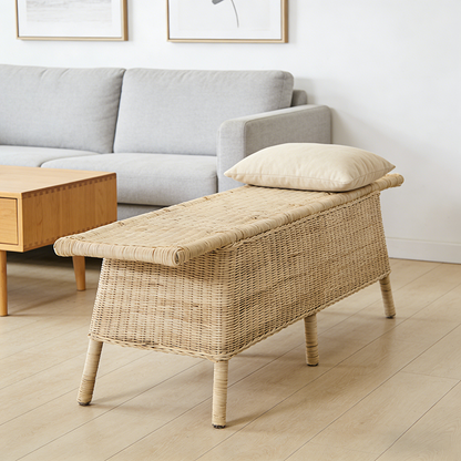 Contemporary Scandinavian Rectangular Bench: Natural Indonesian Rattan & Handwoven - Spacious Seat Shoe Bench For Living Room