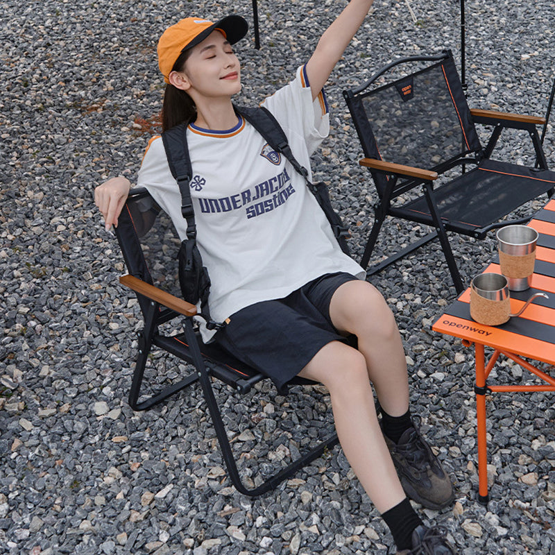 Modern Minimalist Square Carbon Steel Nylon Beech Wood Foldable Backrest Armrest Camping Chair For Outdoor
