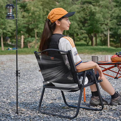 Modern Minimalist Square Carbon Steel Nylon Beech Wood Foldable Backrest Armrest Camping Chair For Outdoor
