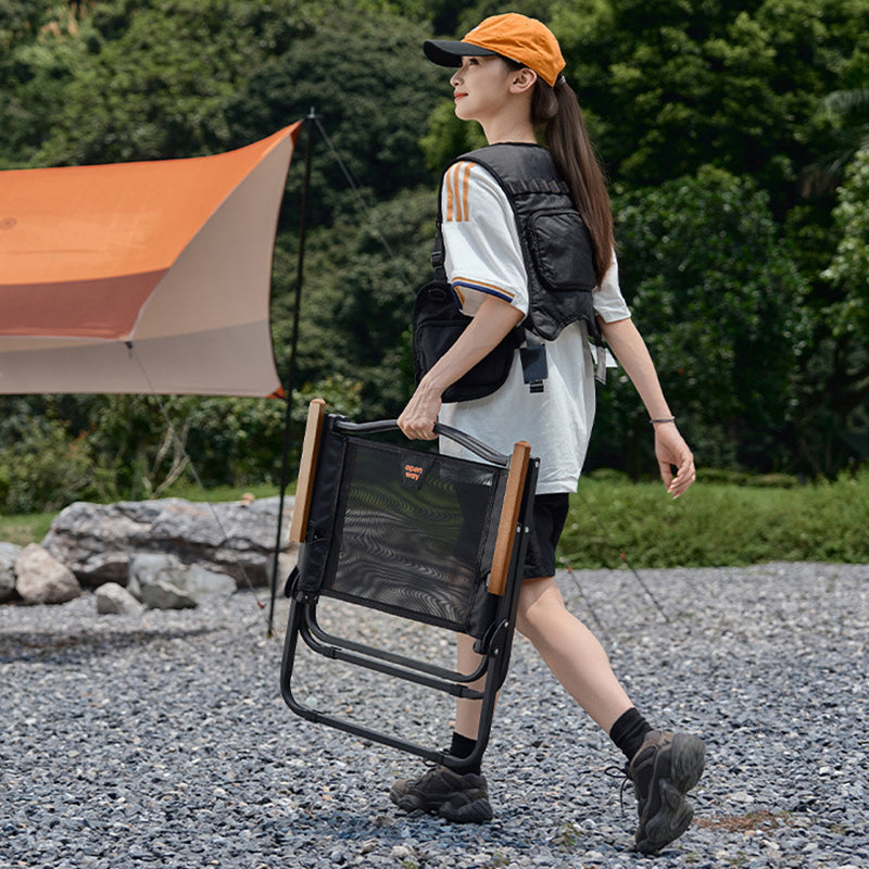 Modern Minimalist Square Carbon Steel Nylon Beech Wood Foldable Backrest Armrest Camping Chair For Outdoor
