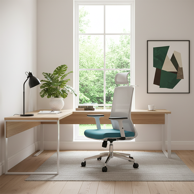 Modern Minimalist Blue & White High-Back Desk Chair: Adjustable Headrest With Coat Hook - Ergonomic Swivel Gaming Chair For Home Office