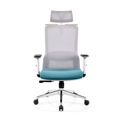 Modern Minimalist Blue & White High-Back Desk Chair: Adjustable Headrest With Coat Hook - Ergonomic Swivel Gaming Chair For Home Office