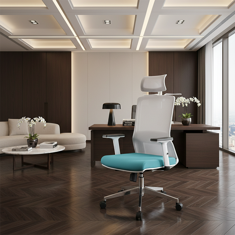 Modern Minimalist Blue & White High-Back Desk Chair: Adjustable Headrest With Coat Hook - Ergonomic Swivel Gaming Chair For Home Office