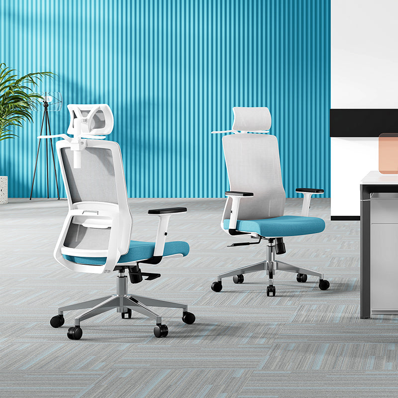 Modern Minimalist Blue & White High-Back Desk Chair: Adjustable Headrest With Coat Hook - Ergonomic Swivel Gaming Chair For Home Office