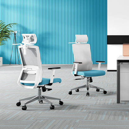 Modern Minimalist Blue & White High-Back Desk Chair: Adjustable Headrest With Coat Hook - Ergonomic Swivel Gaming Chair For Home Office