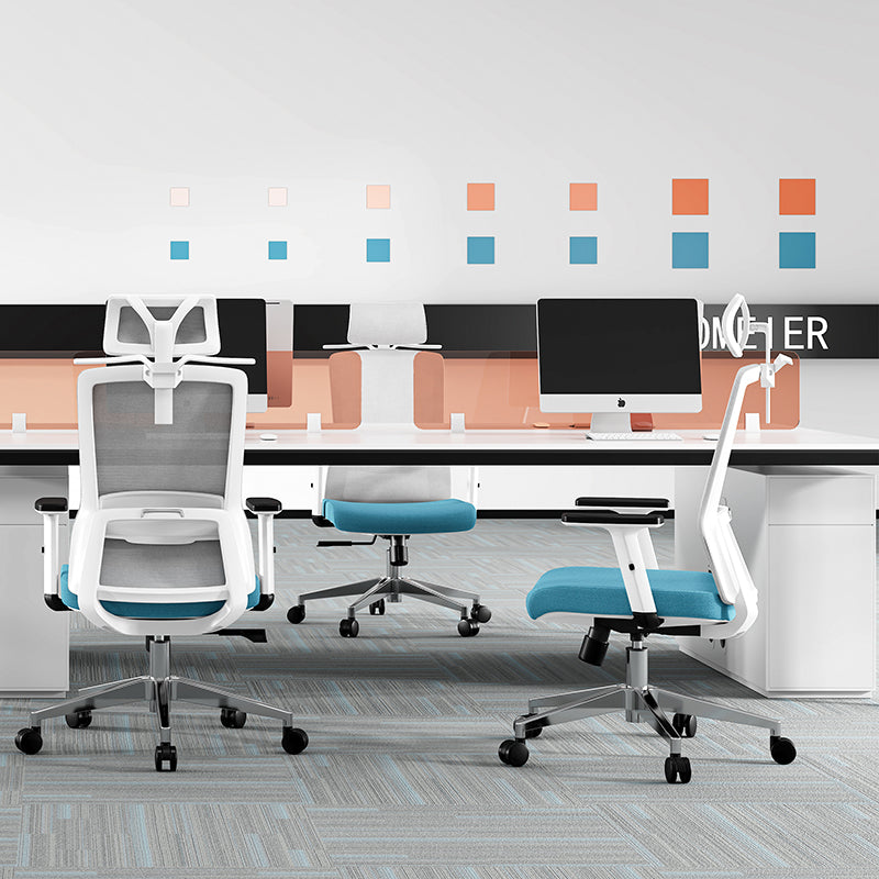 Modern Minimalist Blue & White High-Back Desk Chair: Adjustable Headrest With Coat Hook - Ergonomic Swivel Gaming Chair For Home Office
