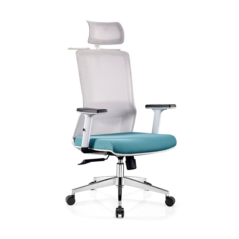 Modern Minimalist Blue & White High-Back Desk Chair: Adjustable Headrest With Coat Hook - Ergonomic Swivel Gaming Chair For Home Office