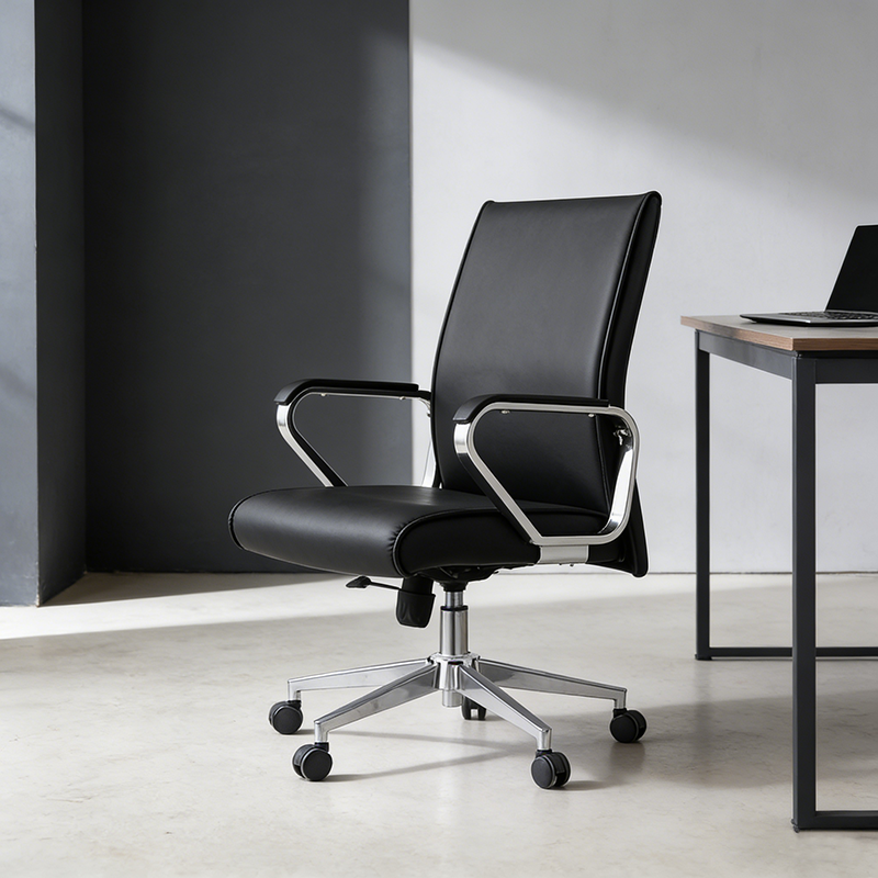 Modern Minimalist Business Desk Chair: Faux Leather Reception Chair - Mid-Back Ergonomic Office Chair For Home Office