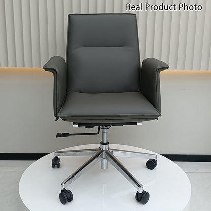 Modern Minimalist Mid-Back Desk Chair: Leather Luxury Swivel Chair- Ergonomic Height-Adjustable Office Chair For Home Office